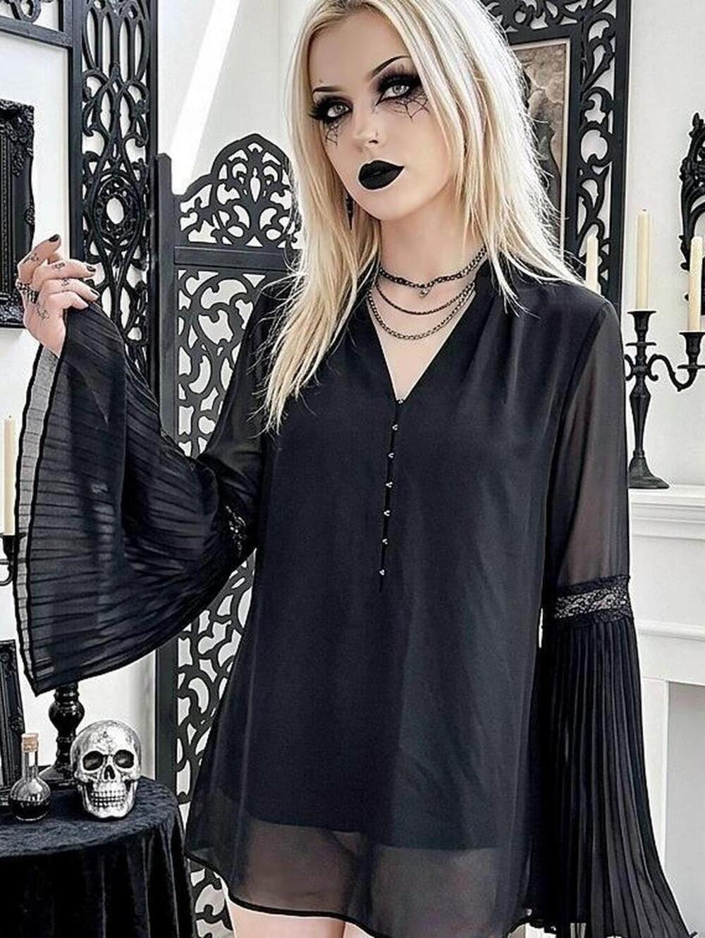 White House Black Market Gothic Black Chiffon Bell Sleeve Blouse Size 2